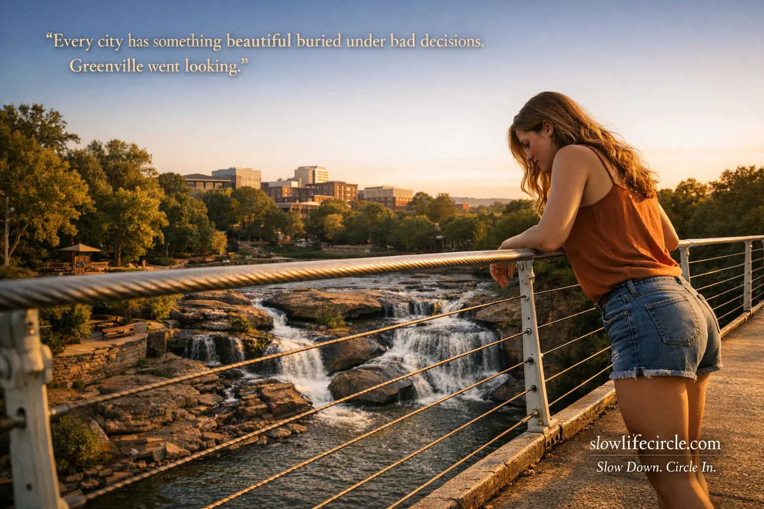 A woman pauses on the Liberty Bridge suspension span in Falls Park, Greenville, South Carolina, looking down at the Reedy River Falls in warm late-afternoon light. Falls Park on the Reedy, downtown Greenville SC.