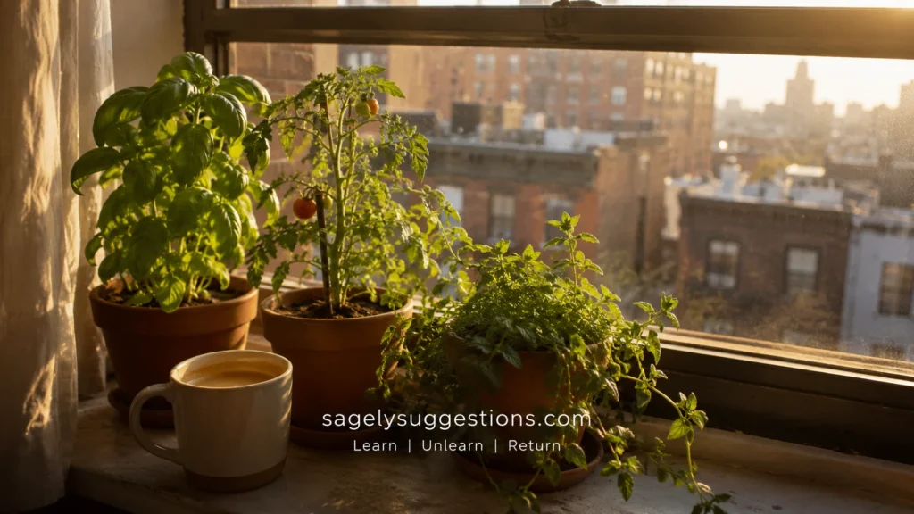 Sunlit apartment windowsill with basil and tomato pots overlooking a city skyline